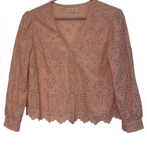 LoveShackFancy Eyelet V-Neck Cropped Valerie Top blouse button up Bloom Pink M